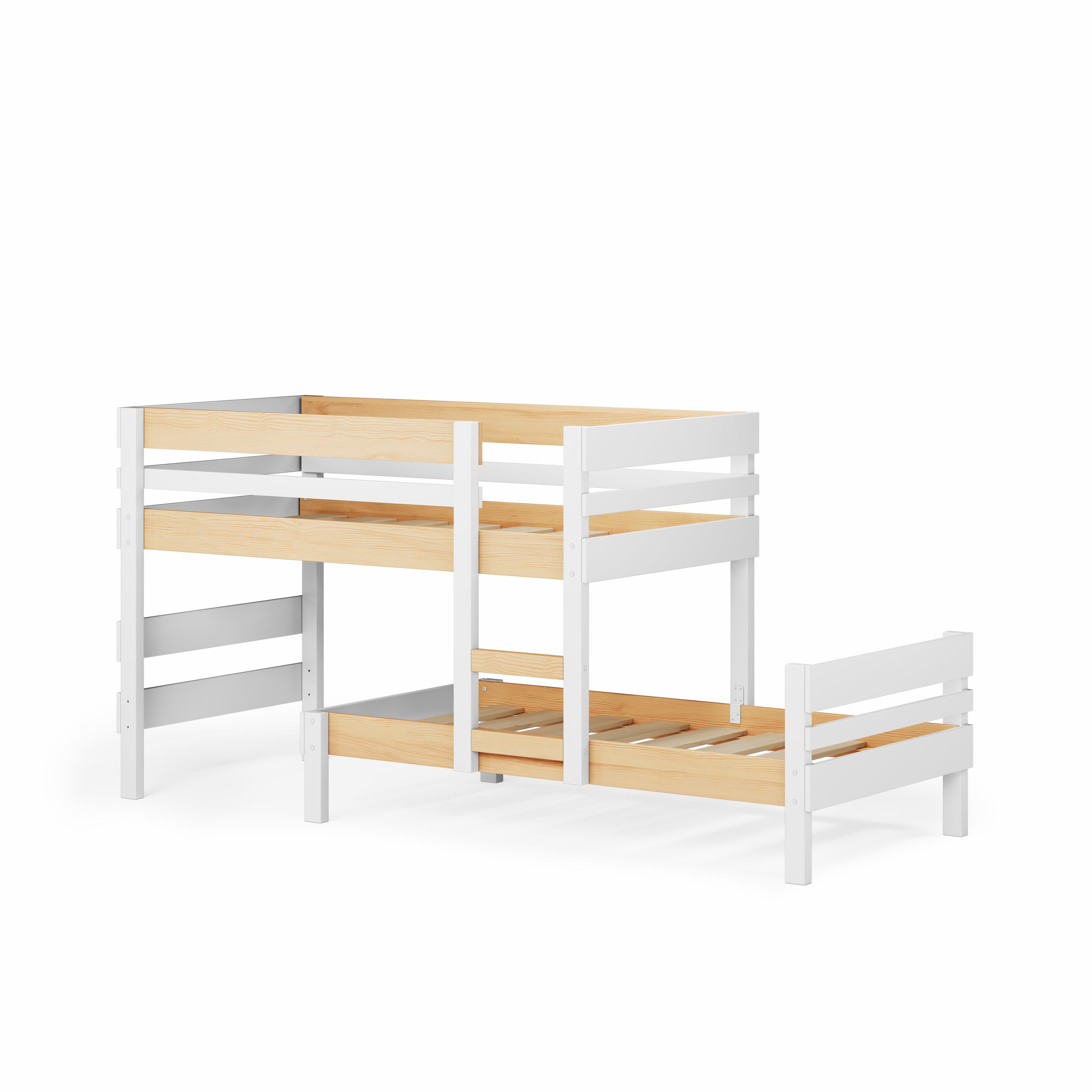 White low height long-wall bunk bed with horizontal slats and natural wood accents.