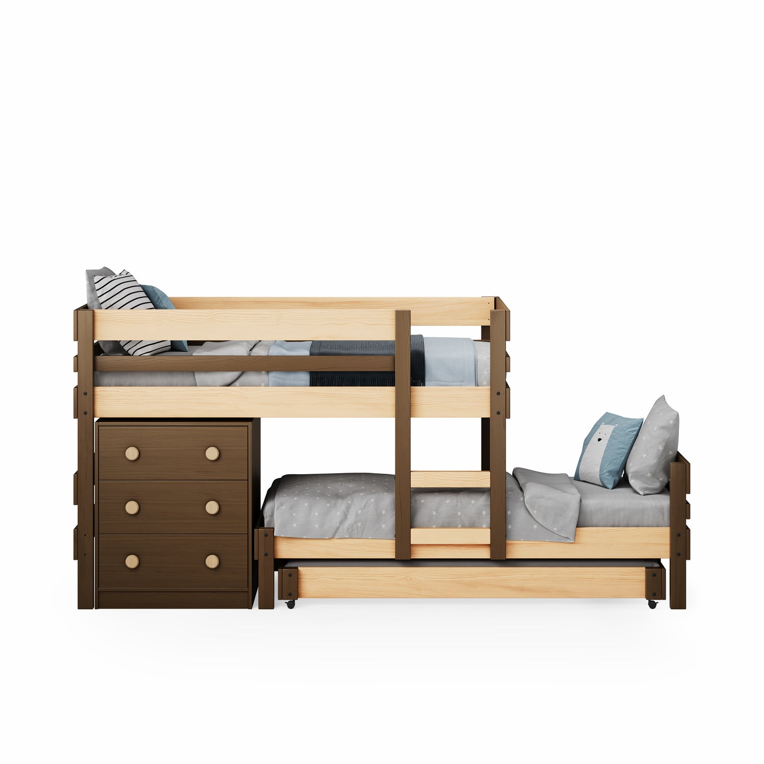 Low height long-wall bunk bed in natural elm with integrated brown chest drawers and pull-out trundle bed.