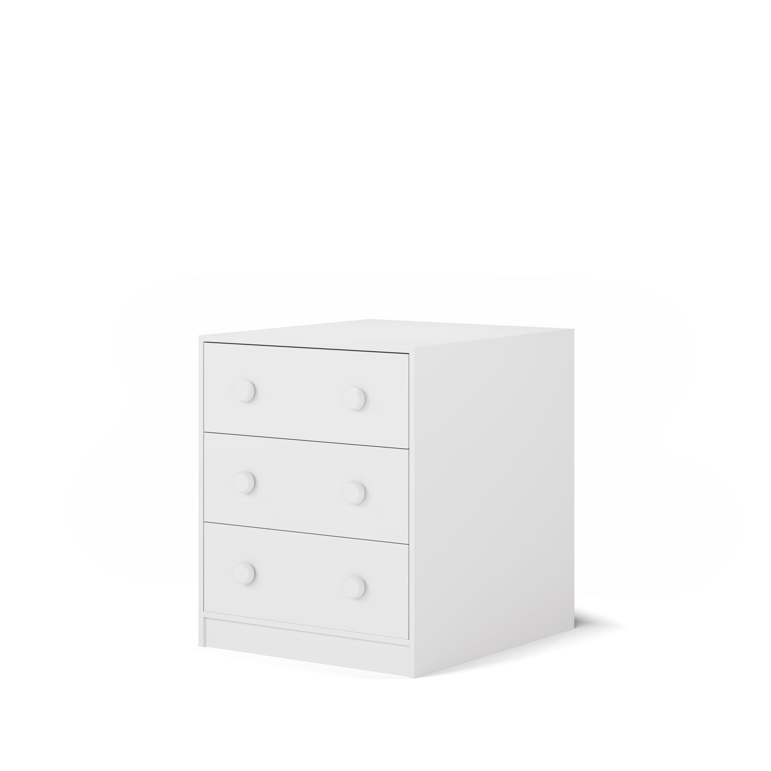 White three-drawer chest with round knobs, compact design for low height long-wall bunk bed storage.