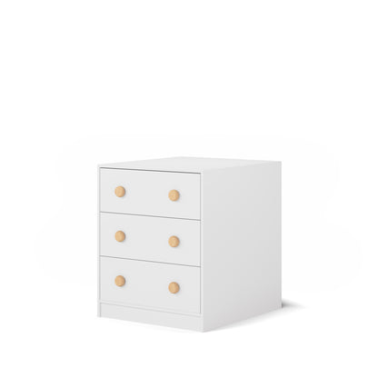 White three-drawer chest with round wooden knobs, matching low height long-wall bunk bed design.