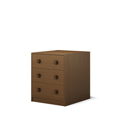 Three-drawer wooden chest with round handles, part of Lo-Line low height long-wall bunk bed set.