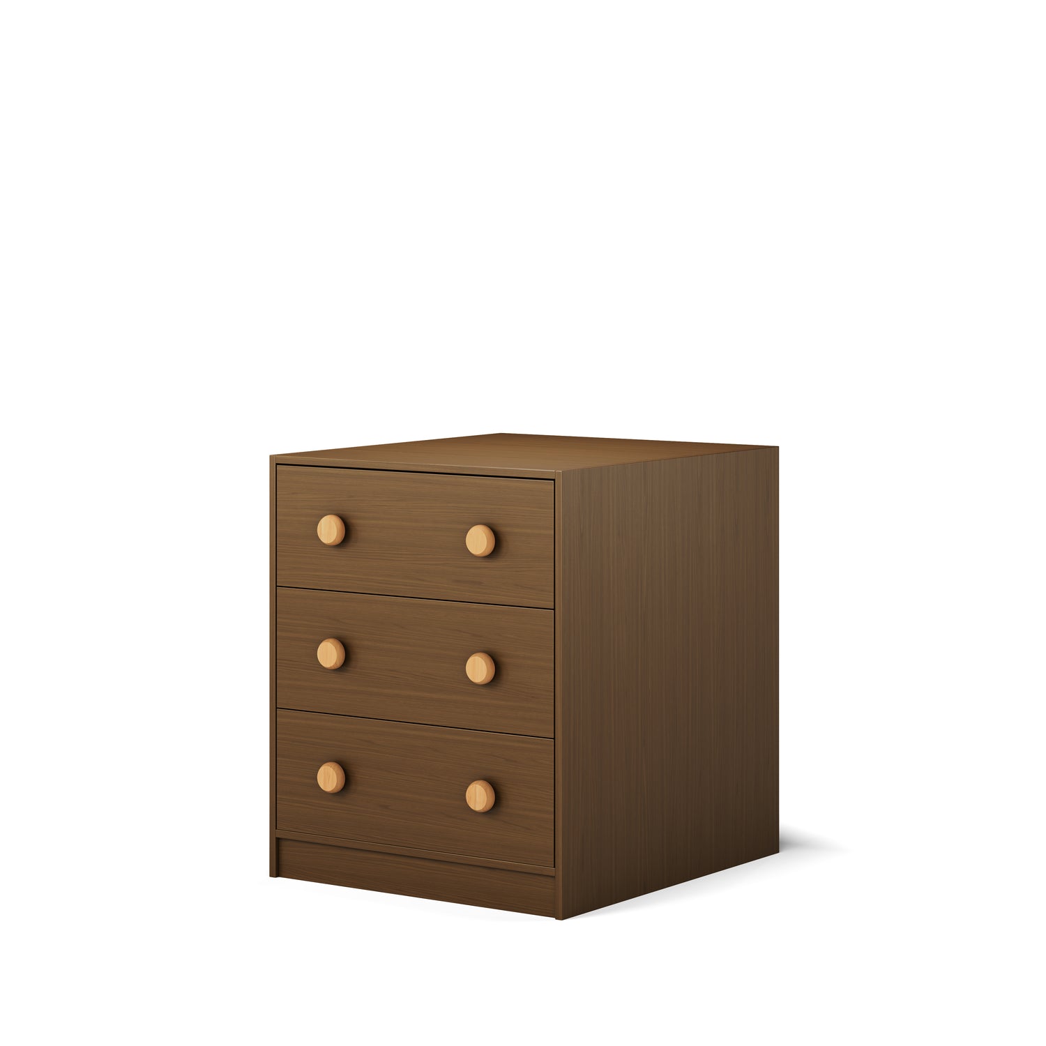 Compact Elm wood three-drawer chest with round wooden knobs for low height long-wall bunk bed storage.