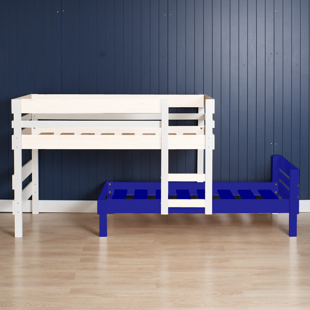 White loft bed with ladder and blue single bed frame beneath against dark blue wall.