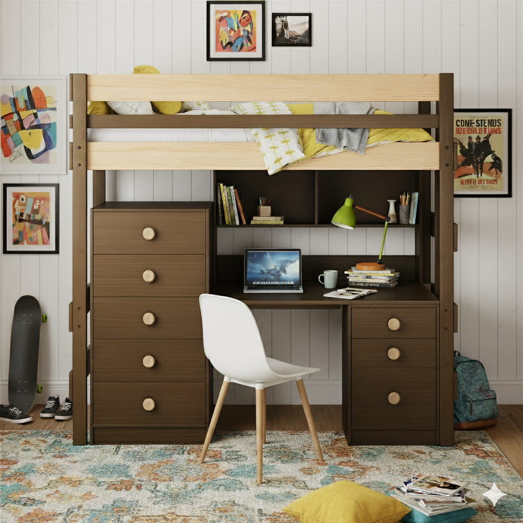 Wooden bunk bed with desk and drawers in a Sydney teen bedroom setting.
