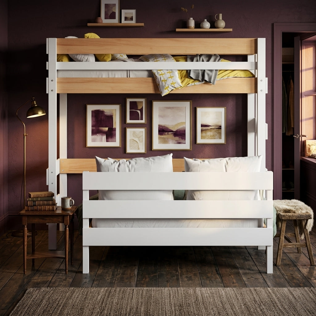 Loft bed with white lower double bed and  in a room with bold purple walls and decor.