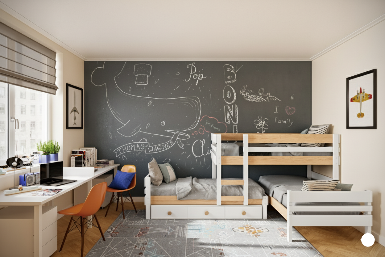 Kid's bedroom with bunk beds, desk, and chalkboard wall.