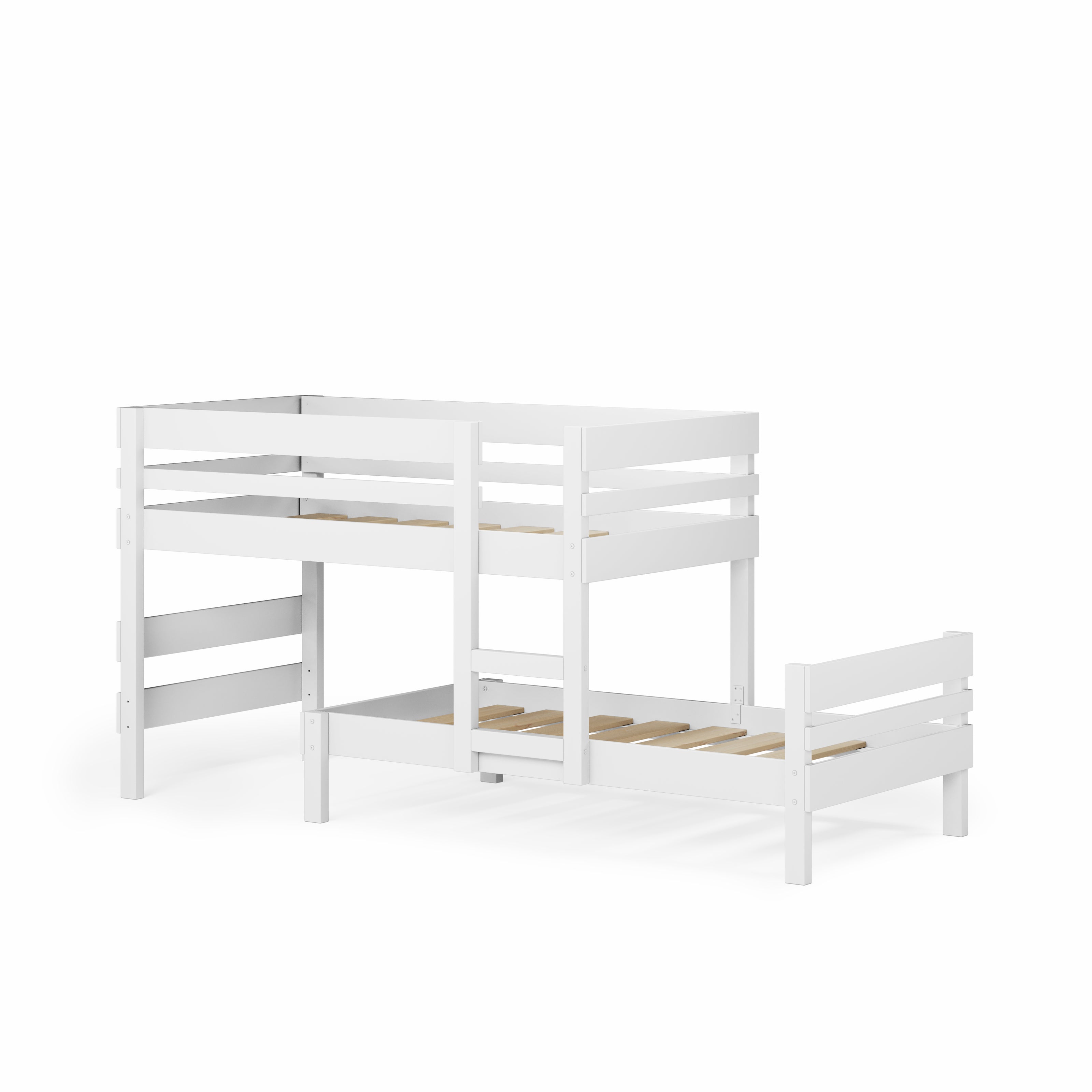 White low height long-wall bunk bed with extra bed and simple railing design.
