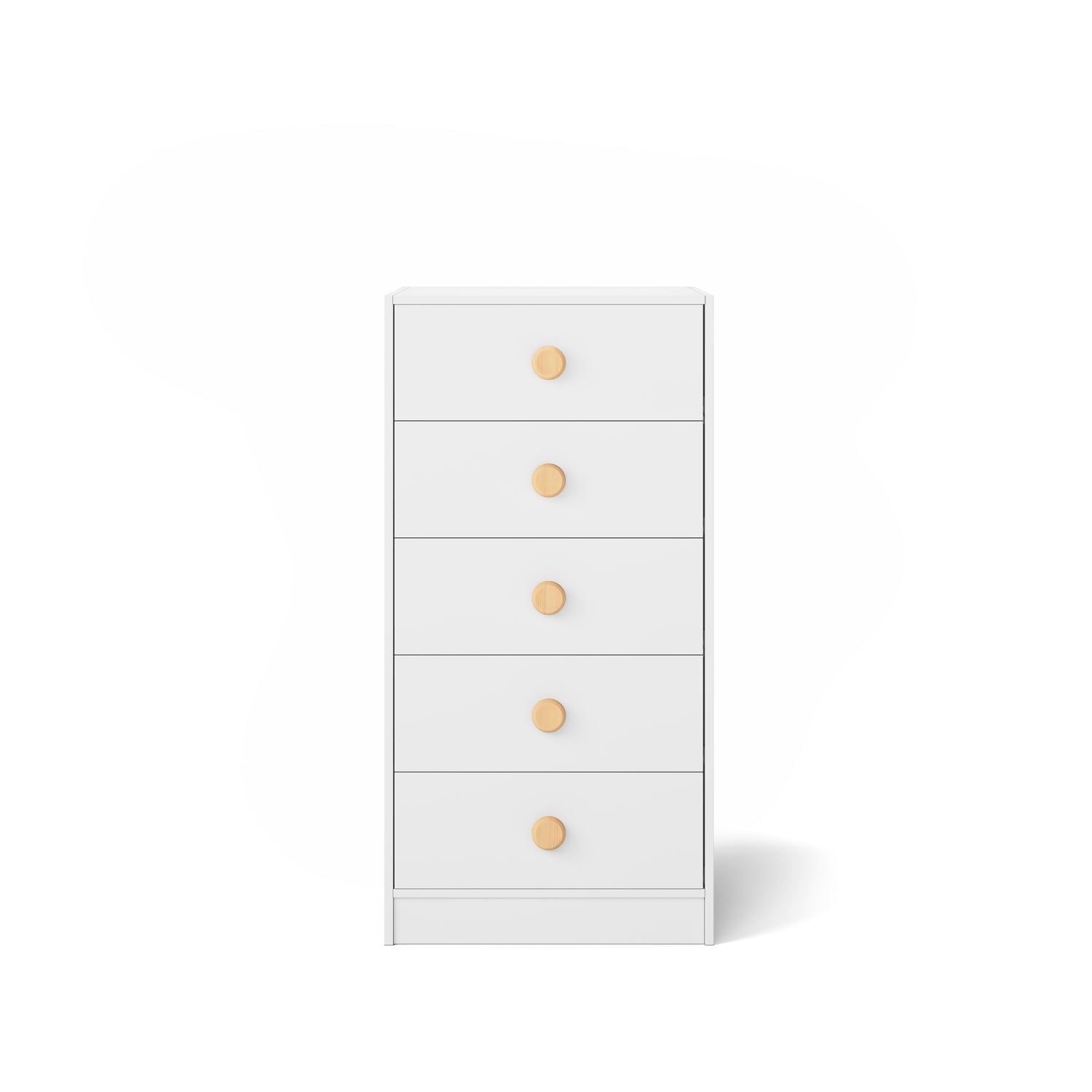 White mid-line chest with five drawers and round wooden knobs for bunk or loft bed storage.
