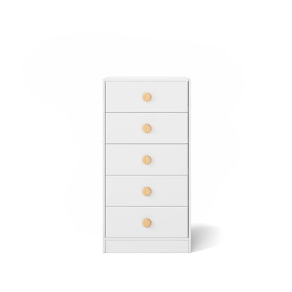 White mid-line chest with five drawers and round wooden knobs for bunk or loft bed storage.