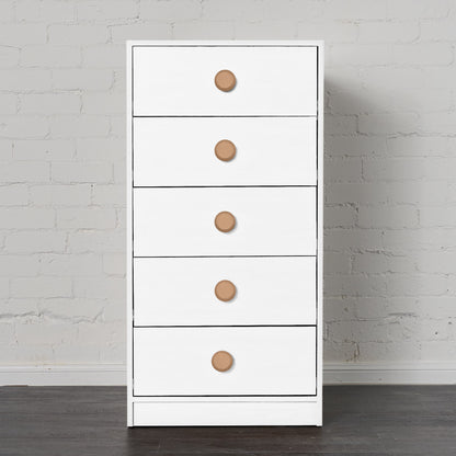White mid-line chest with five drawers and round wooden knobs, designed for bunk or loft bed spaces.