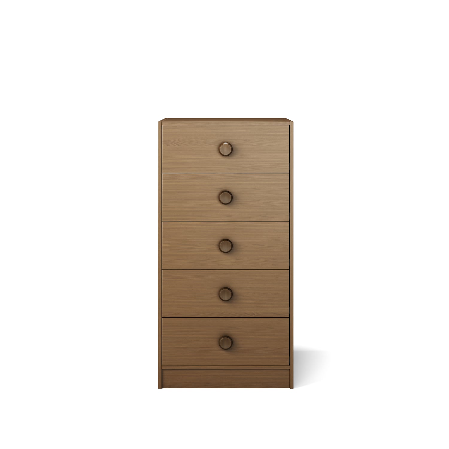 Tall wooden mid-line chest with five drawers, native elm finish, complements bunk or loft bed setups.
