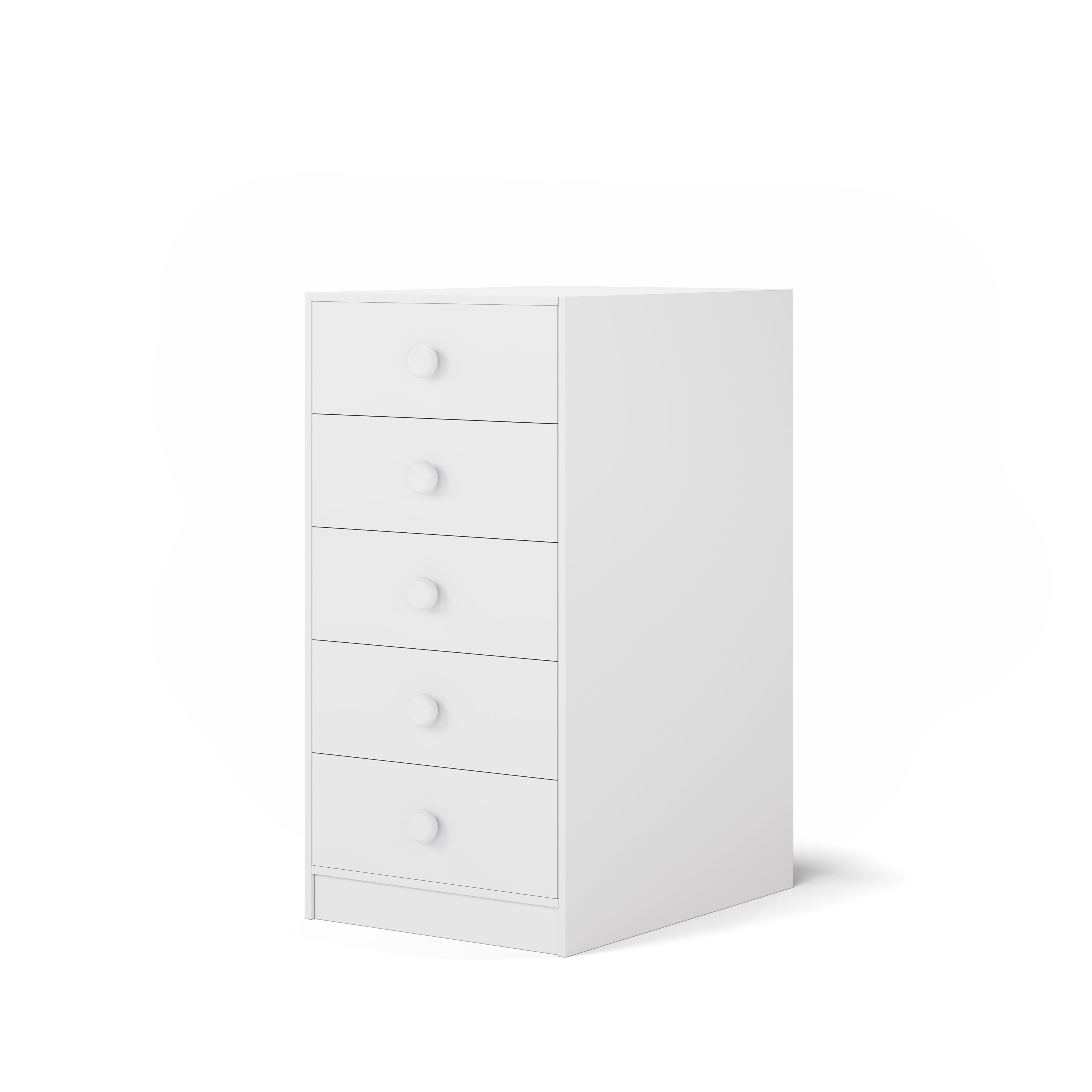 White mid-line chest with five drawers for bunk bed or loft bed storage.