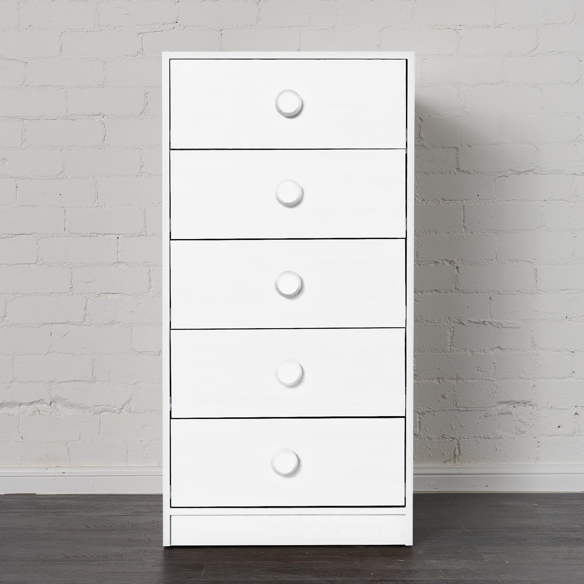 White mid-line chest with five drawers, designed to fit under bunk or loft bed spaces.