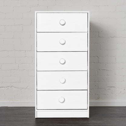 White mid-line chest with five drawers, designed to fit under bunk or loft bed spaces.