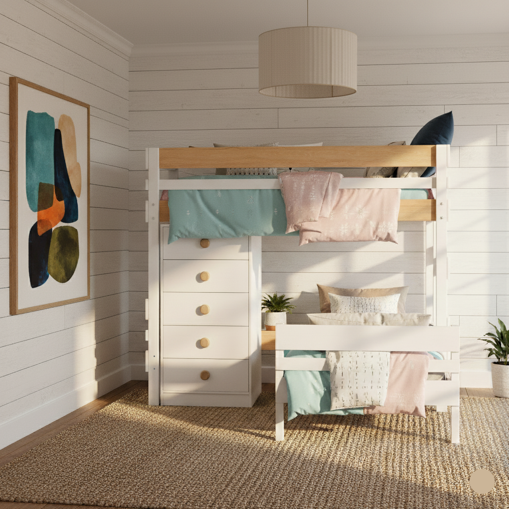 nordic finish corner bunk bed with large drawer storage chest in beachy Sydney bedroom