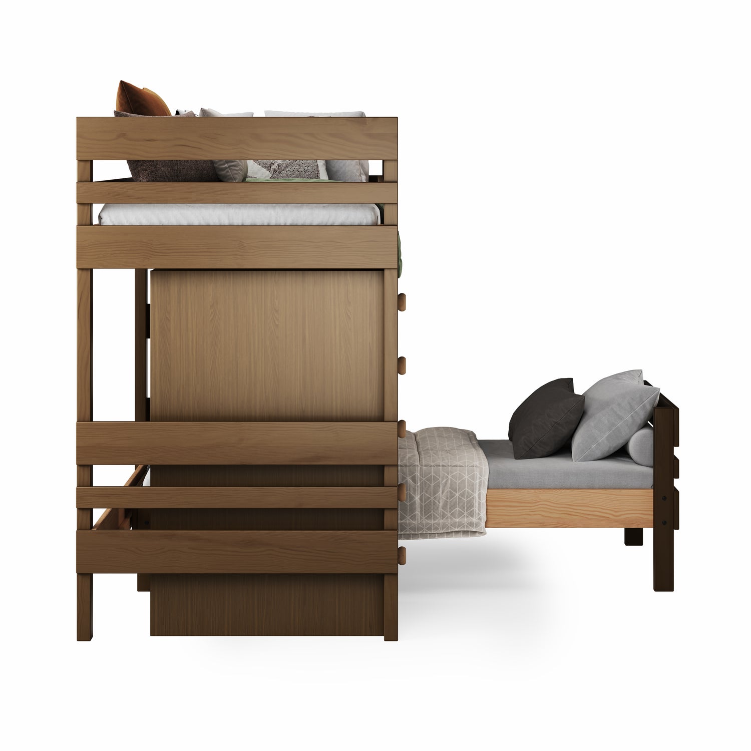 Native elm wood mid-line corner bunk bed with lower bed extended and layered pillows. 