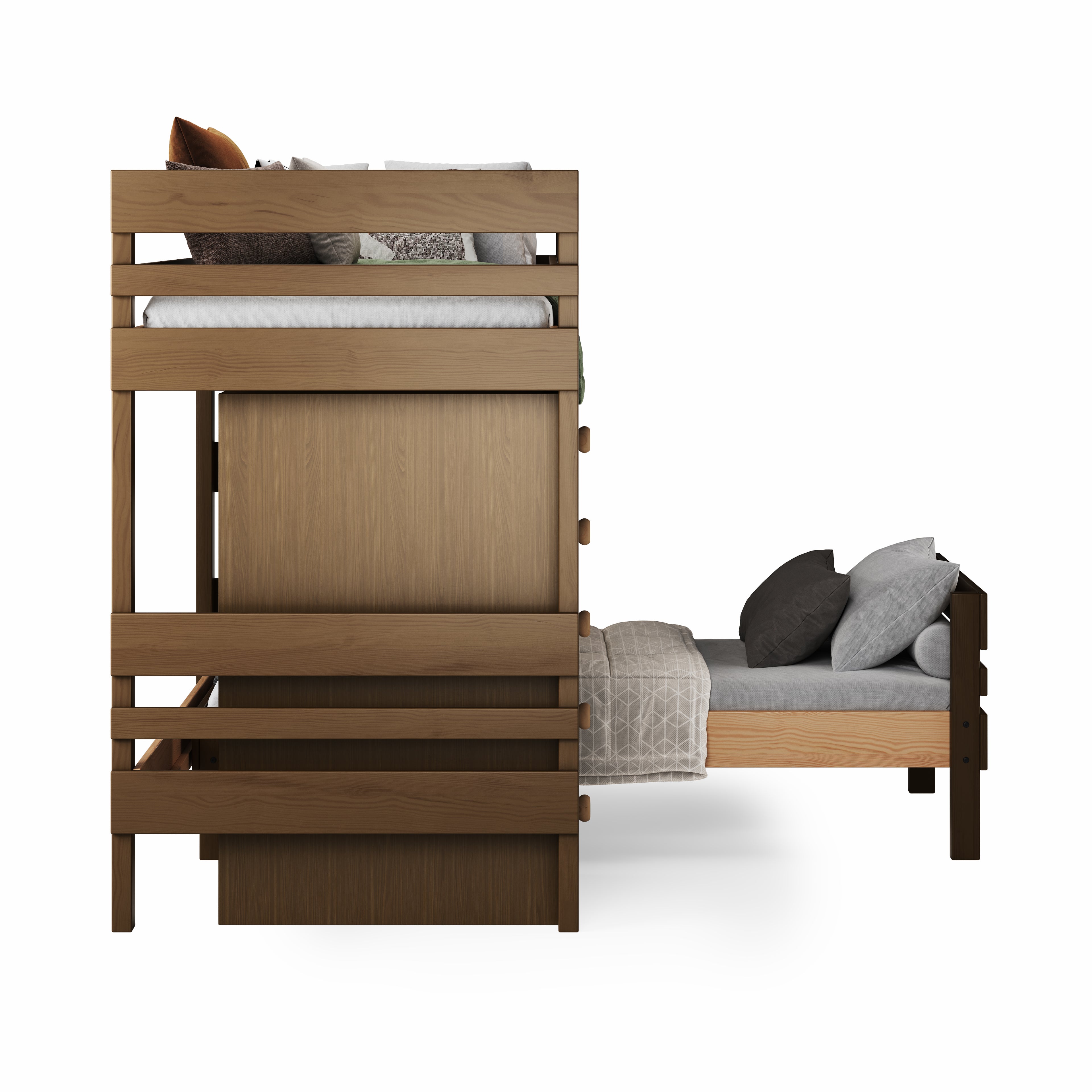 Native elm wood mid-line corner bunk bed with lower bed extended and layered pillows. 