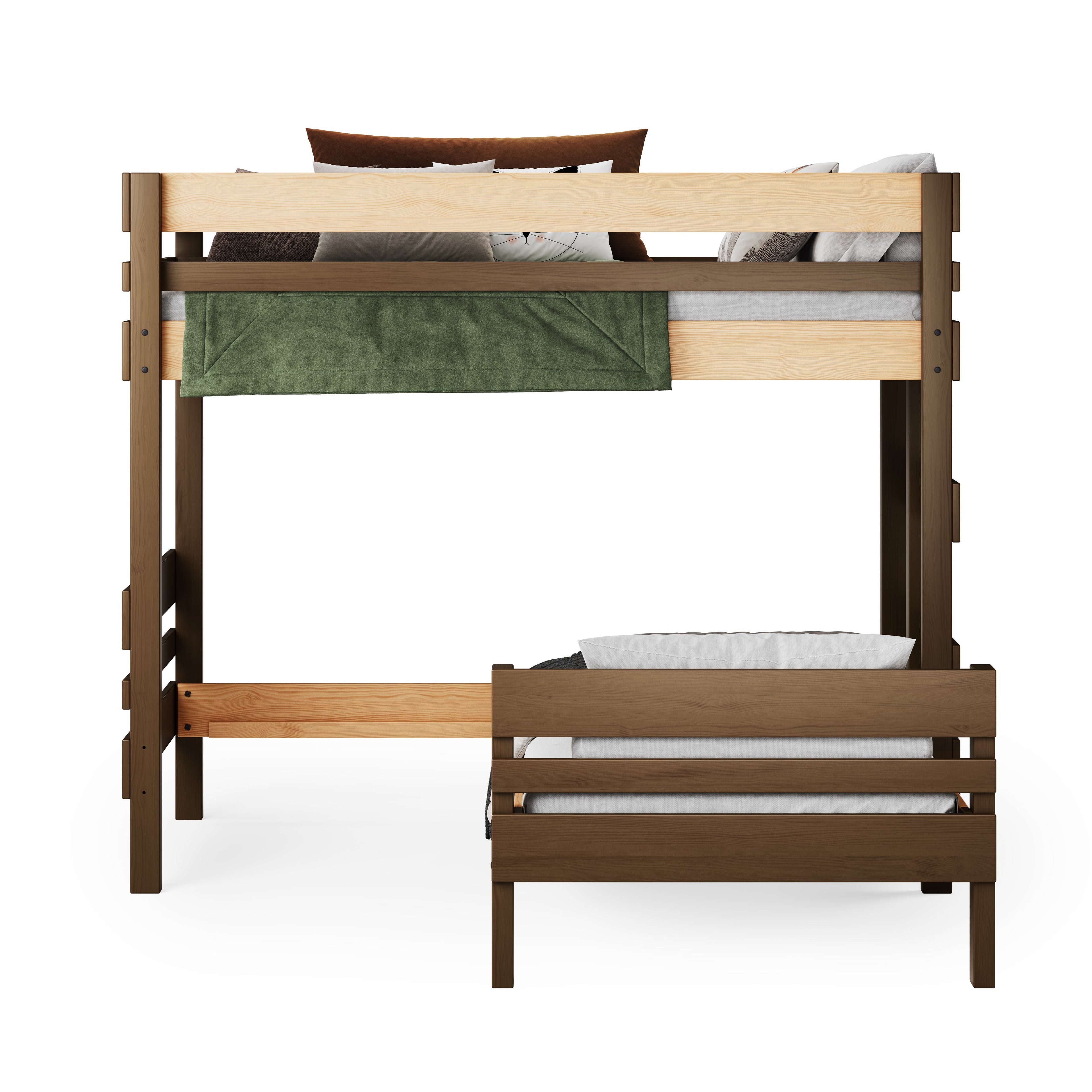 Mid-line L-shaped bunk bed in natural elm wood with king single top and single bottom mattress spaces. 