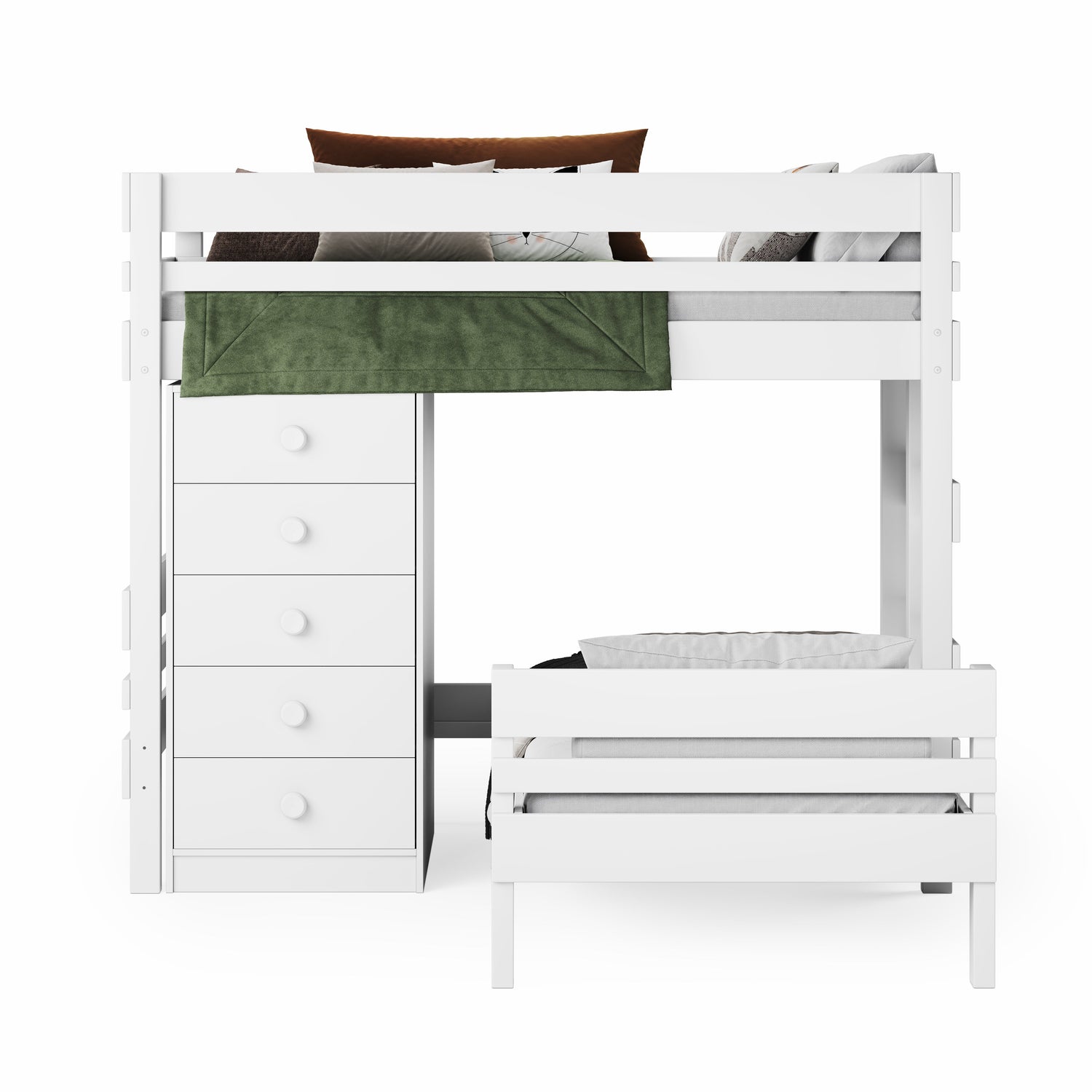 White mid-line corner bunk bed with built-in chest of drawers and lower pull-out bed. - White / Single 
