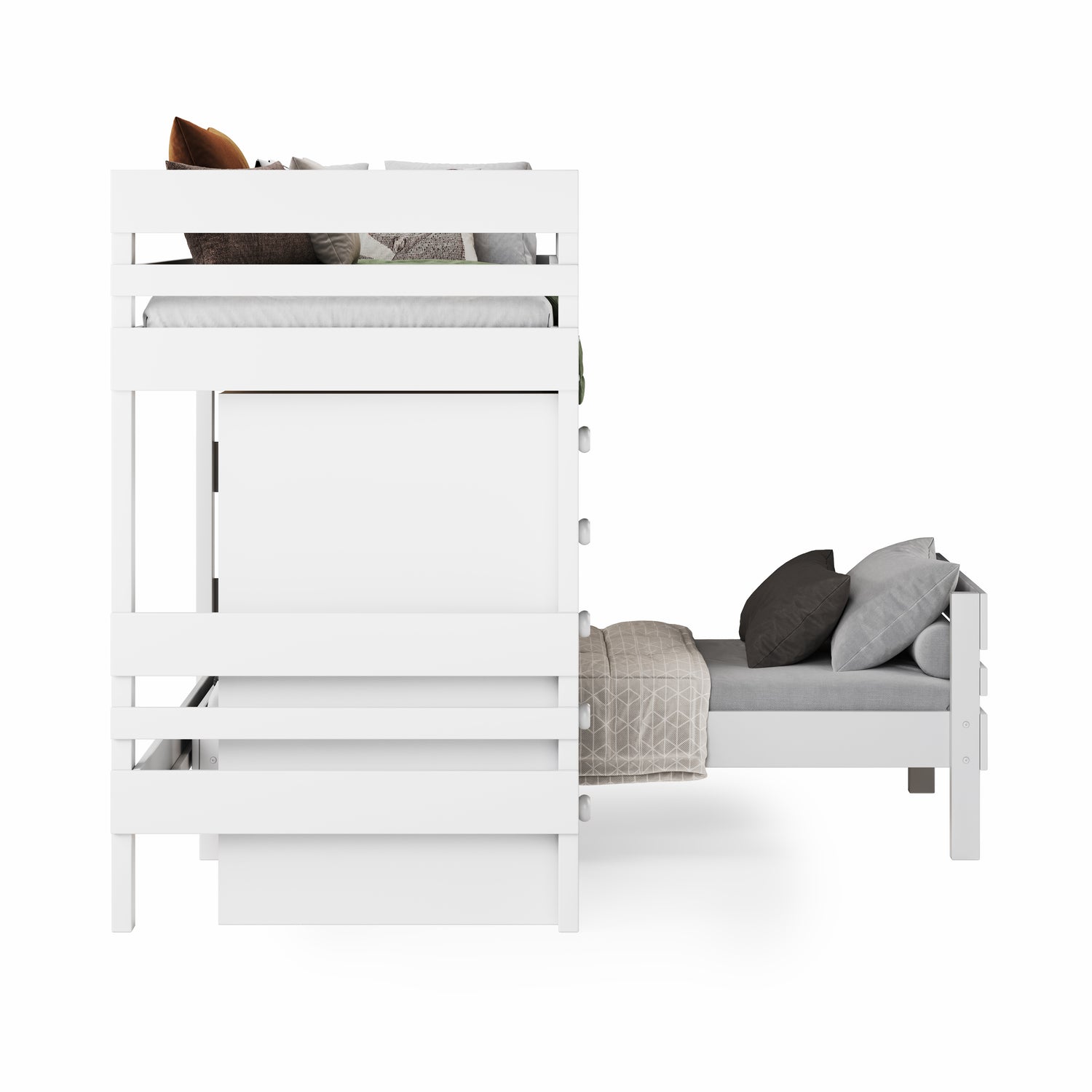 White mid-line corner bunk bed with clean lines and guardrail on top bunk. - White / Single