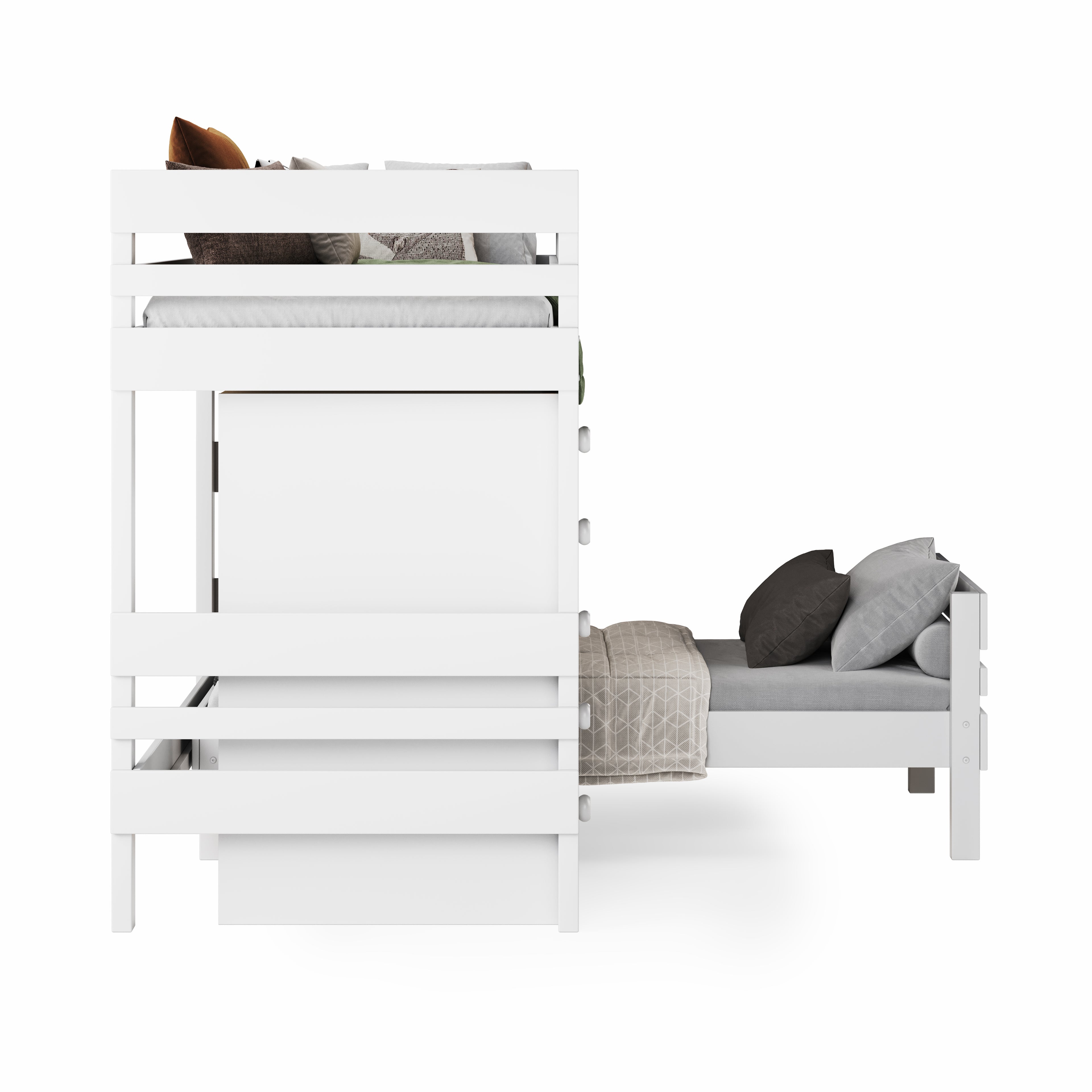 White mid-line corner bunk bed with clean lines and guardrail on top bunk. - White / Single