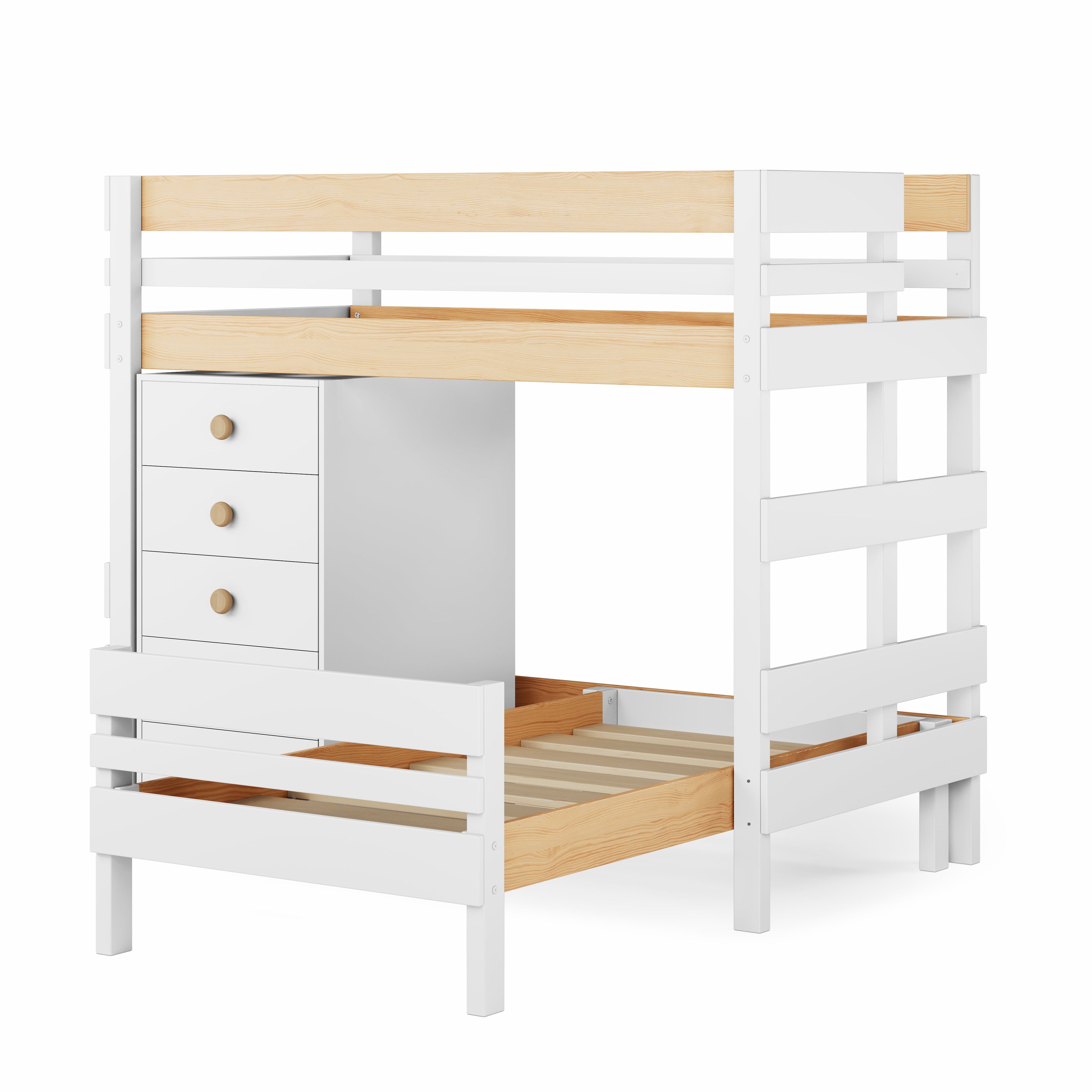 White mid-line corner bunk bed with integrated drawers and open lower bunk frame.