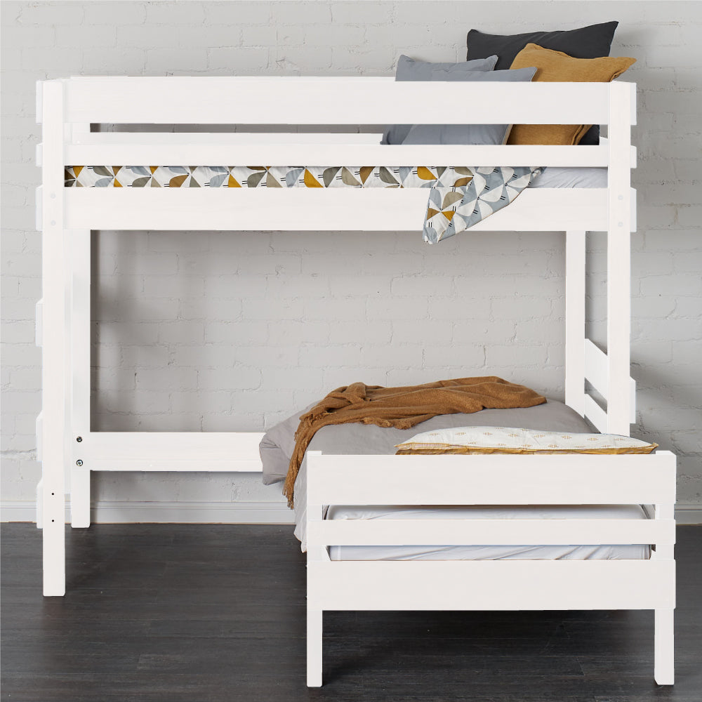White wooden mid-line corner bunk bed with single upper and lower beds, clean modern design. - White / Single