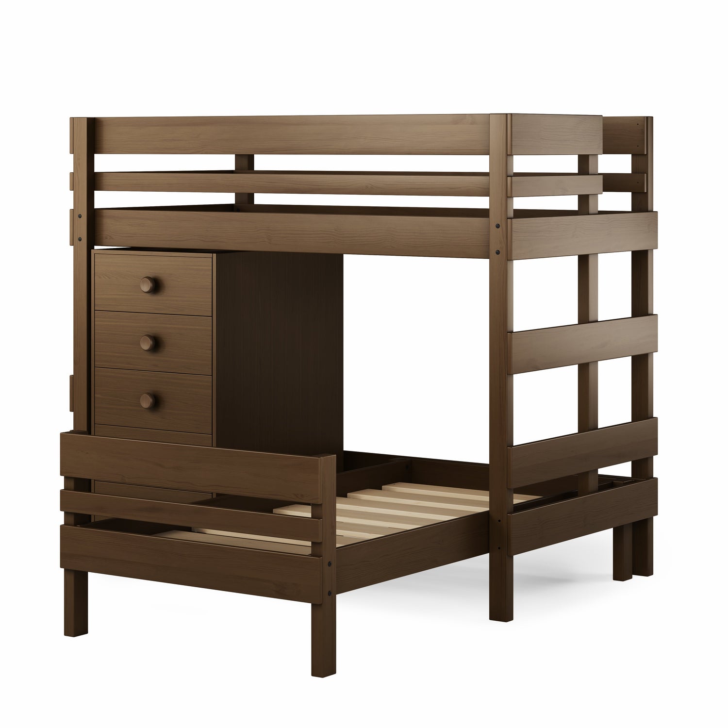 Mid-line corner bunk bed in native elm finish with integrated three-drawer chest and ladder. 