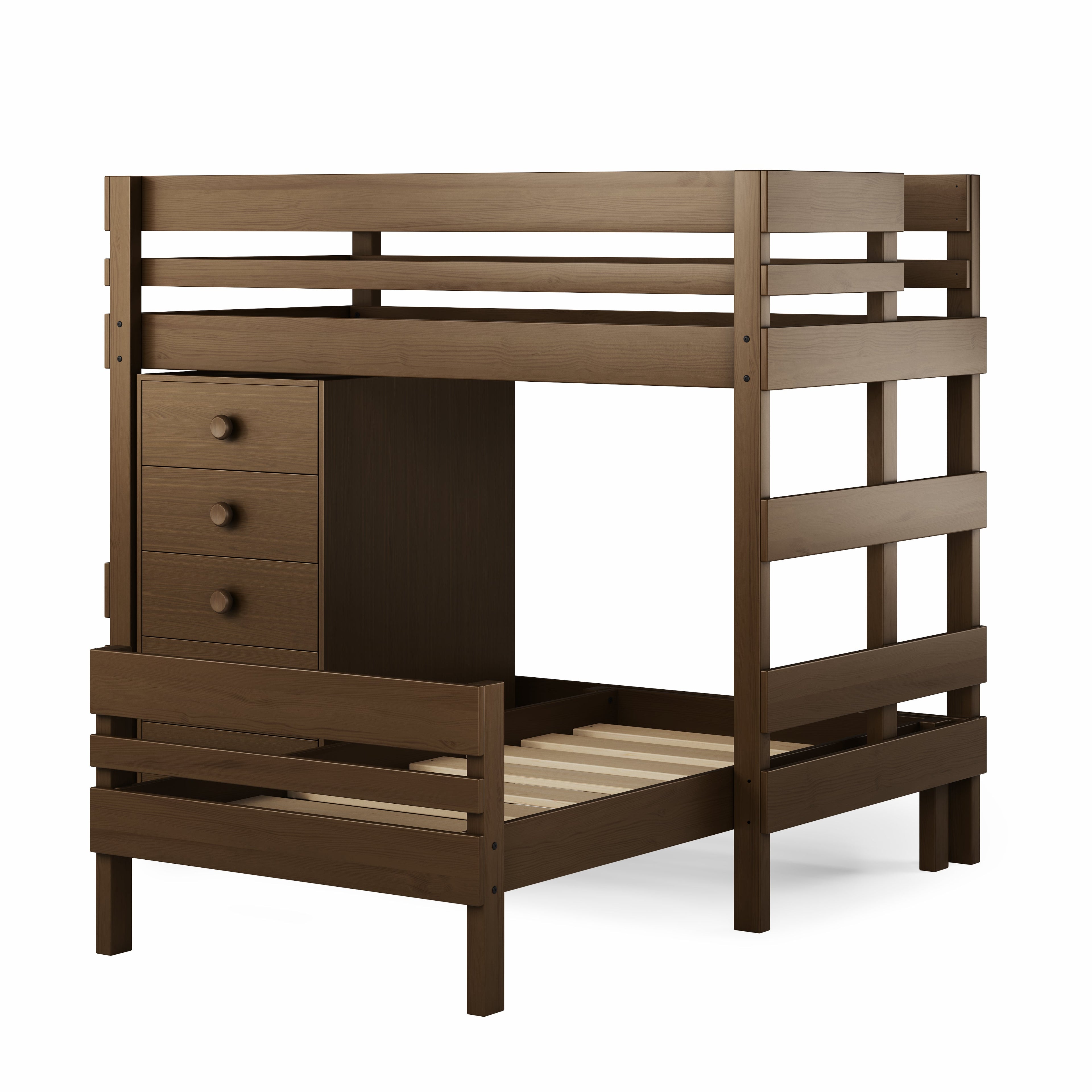 Mid-line corner bunk bed in native elm finish with integrated three-drawer chest and ladder. 
