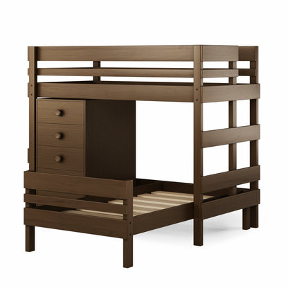 Mid-line corner bunk bed in native elm finish with integrated three-drawer chest and ladder. 