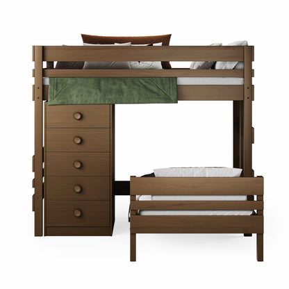 Mid-line corner bunk bed in native elm finish with built-in chest of drawers and lower single bed.