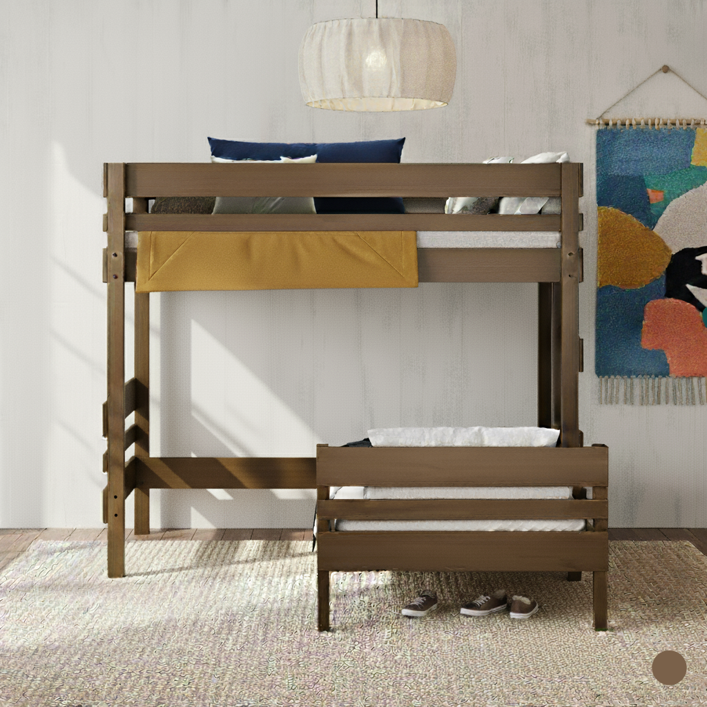  Native elm mid-line corner bunk bed with guardrails, ladder, and beige rug below. 