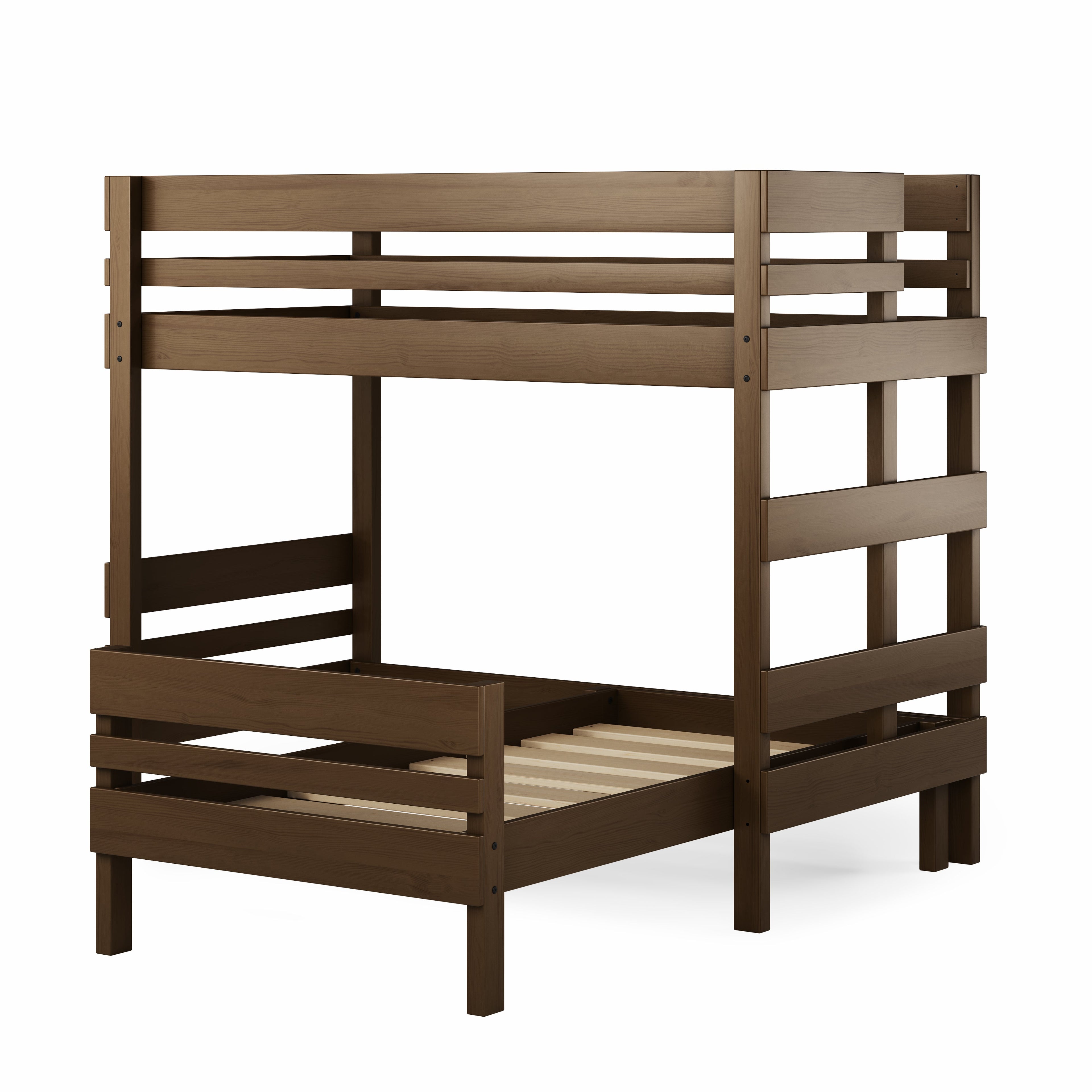 Native elm mid-line corner bunk bed with guardrails and ladder.