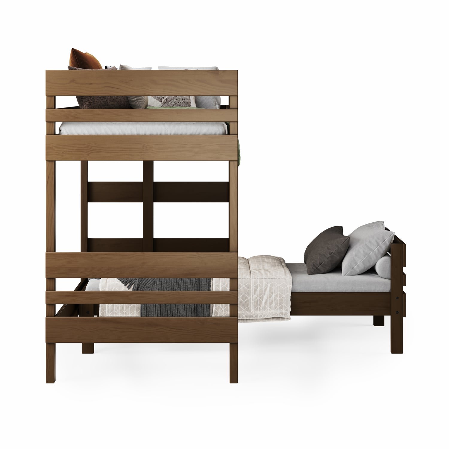 Mid-line corner bunk bed in natural wood with slatted guardrails and neutral bedding. 