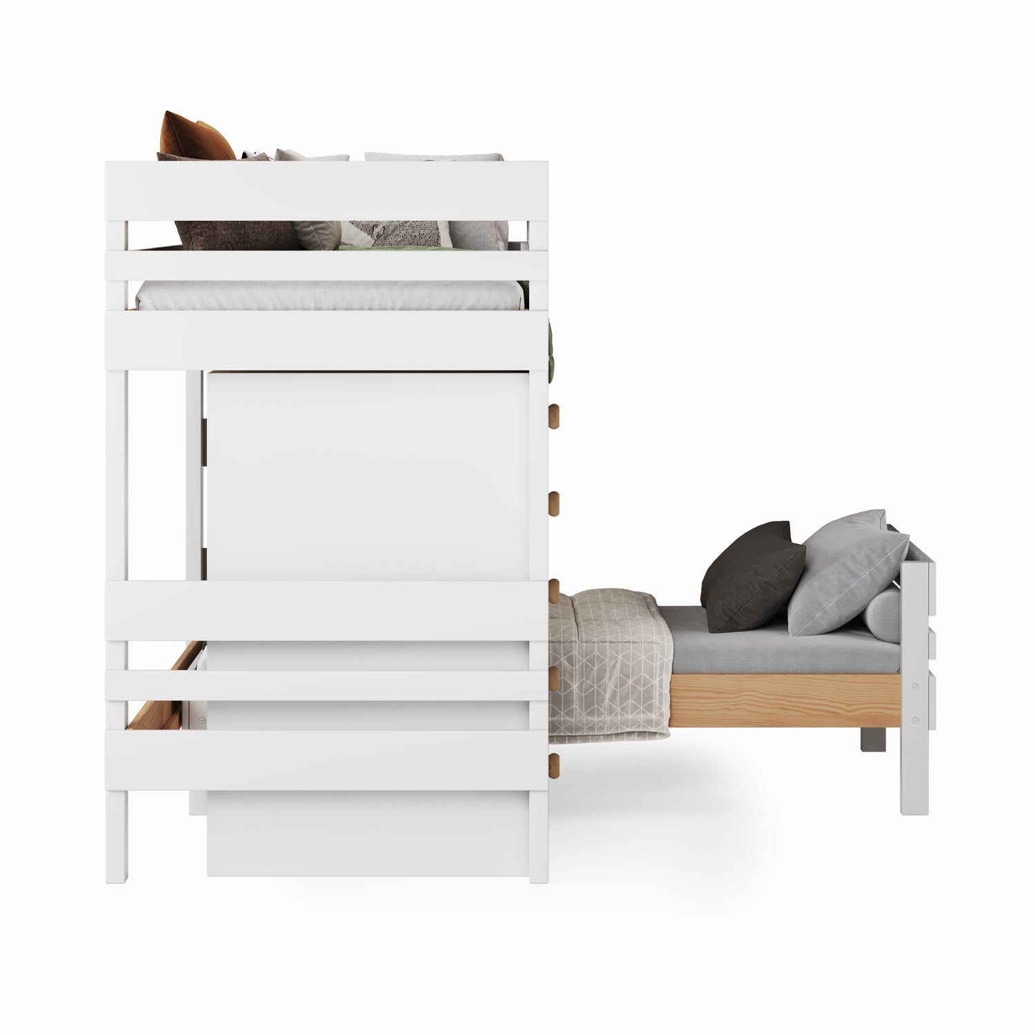 White mid-line corner bunk bed with lower bed extending perpendicular to upper bed. 