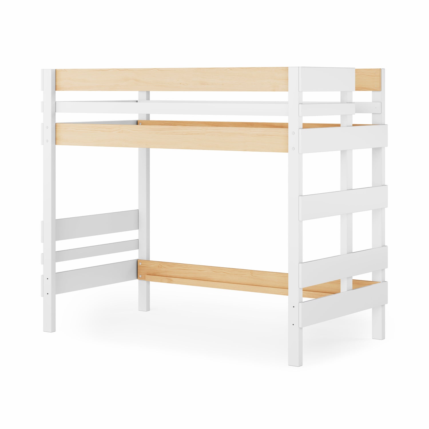 White and natural wood mid-line corner bunk bed with slatted safety rails and ladder. 
