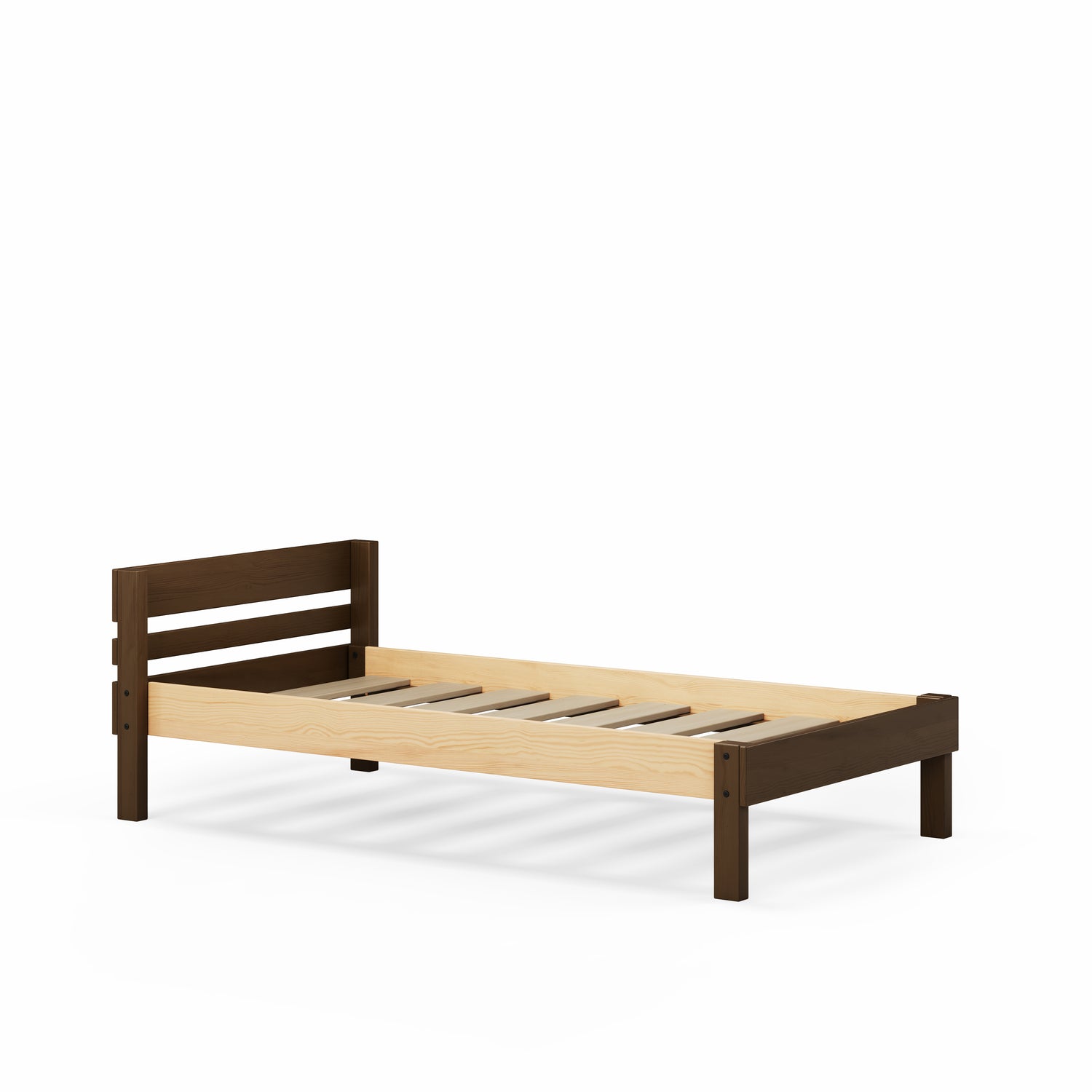 Mid-line corner bunk bed bottom frame in natural elm wood with dark brown posts and slats.