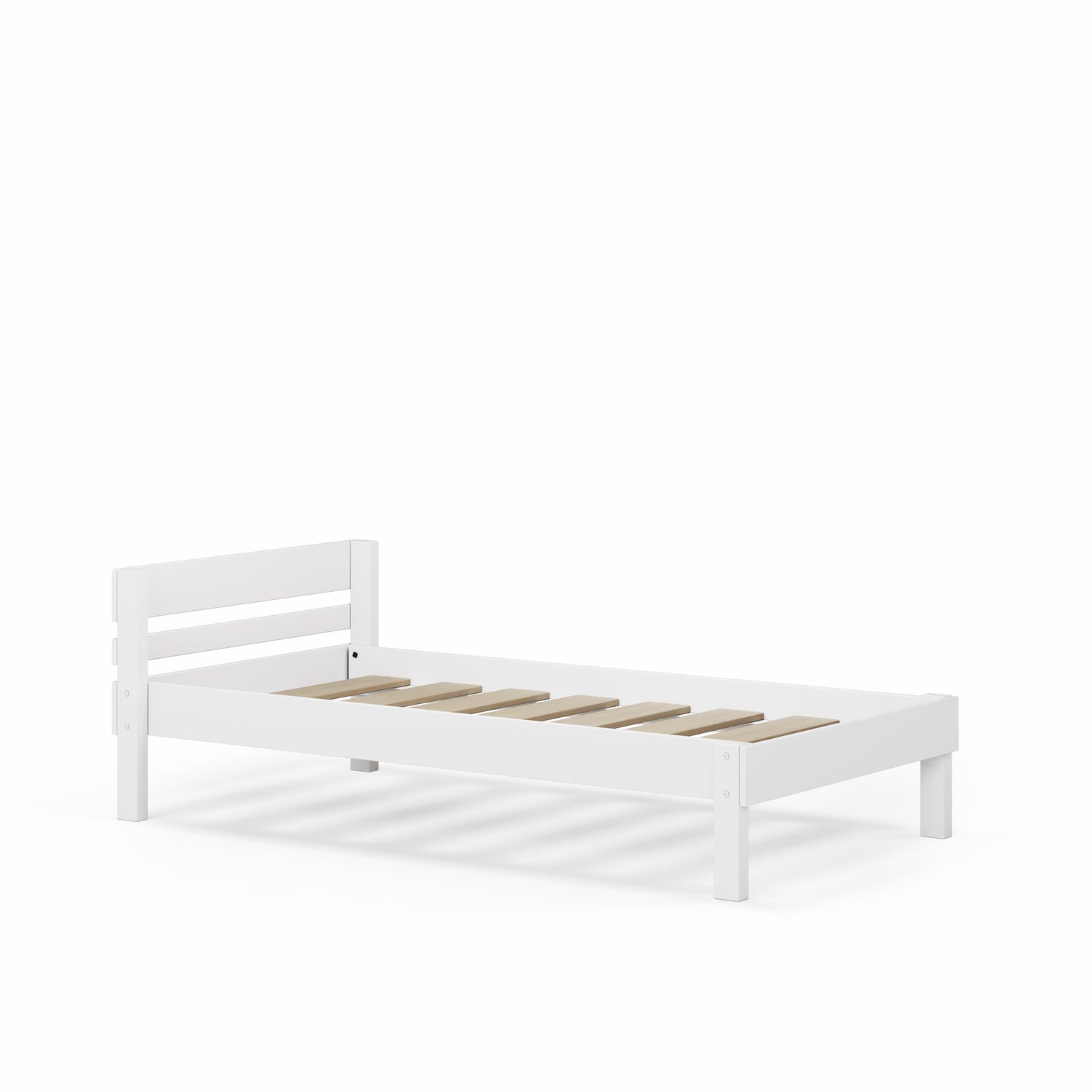 White wooden single bed frame with slatted base and simple headboard, no mattress. - White / Single