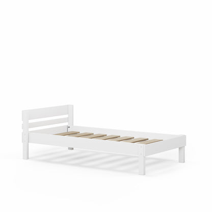 White wooden single bed frame with slatted base and simple headboard, no mattress. - White / Single
