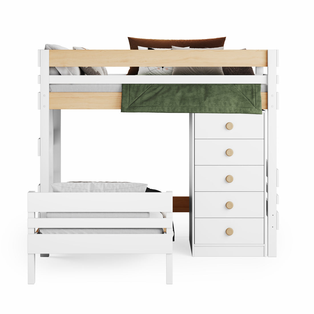 White wooden mid-line corner bunk bed with built-in chest of drawers and pull-out lower bed. 