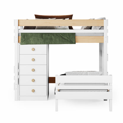 White wooden mid-line corner bunk bed with built-in chest of drawers and pull-out lower bed. 