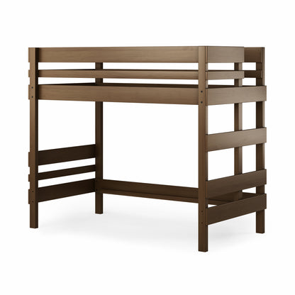 Mid-line corner bunk bed in native elm wood with sturdy slatted guardrails and ladder.