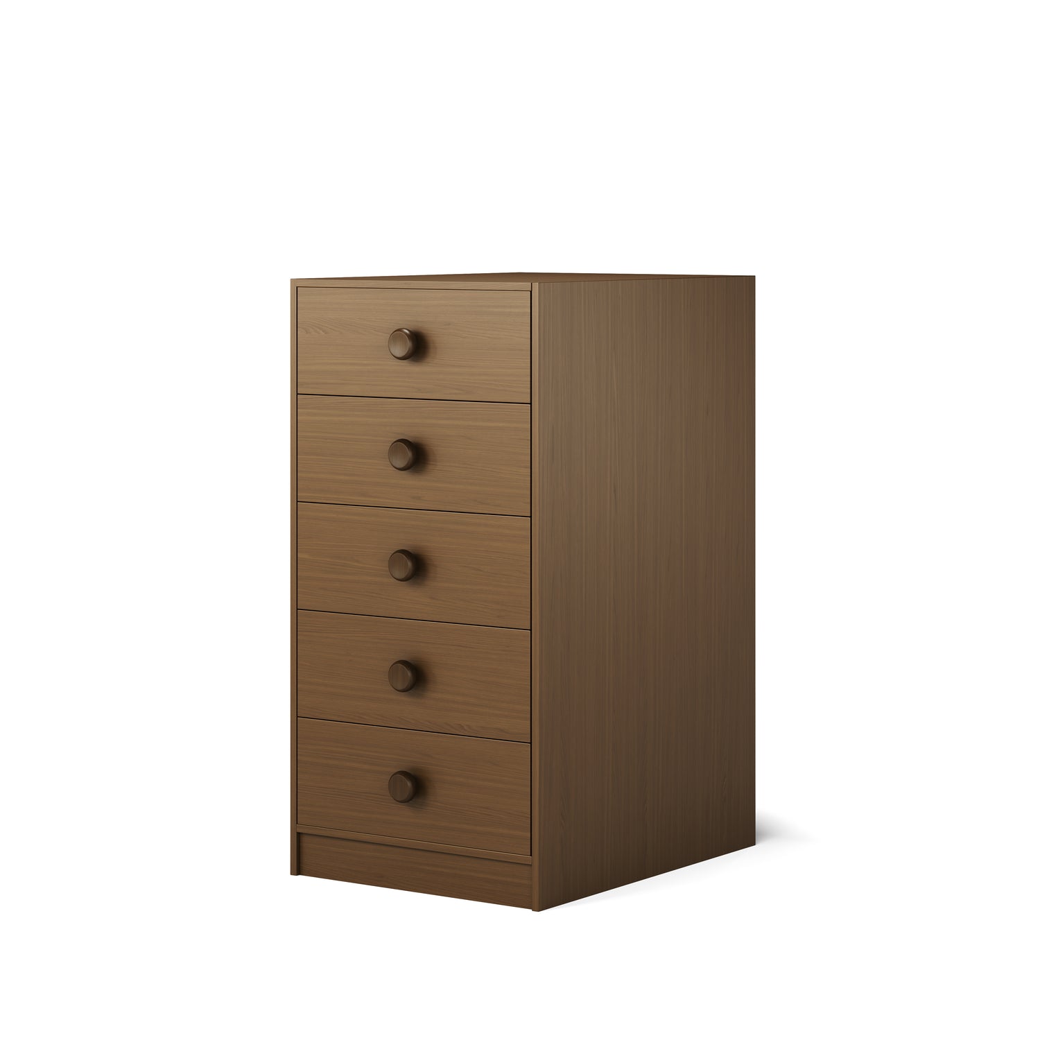 Tall wooden chest of five drawers in natural elm finish with round handles. 