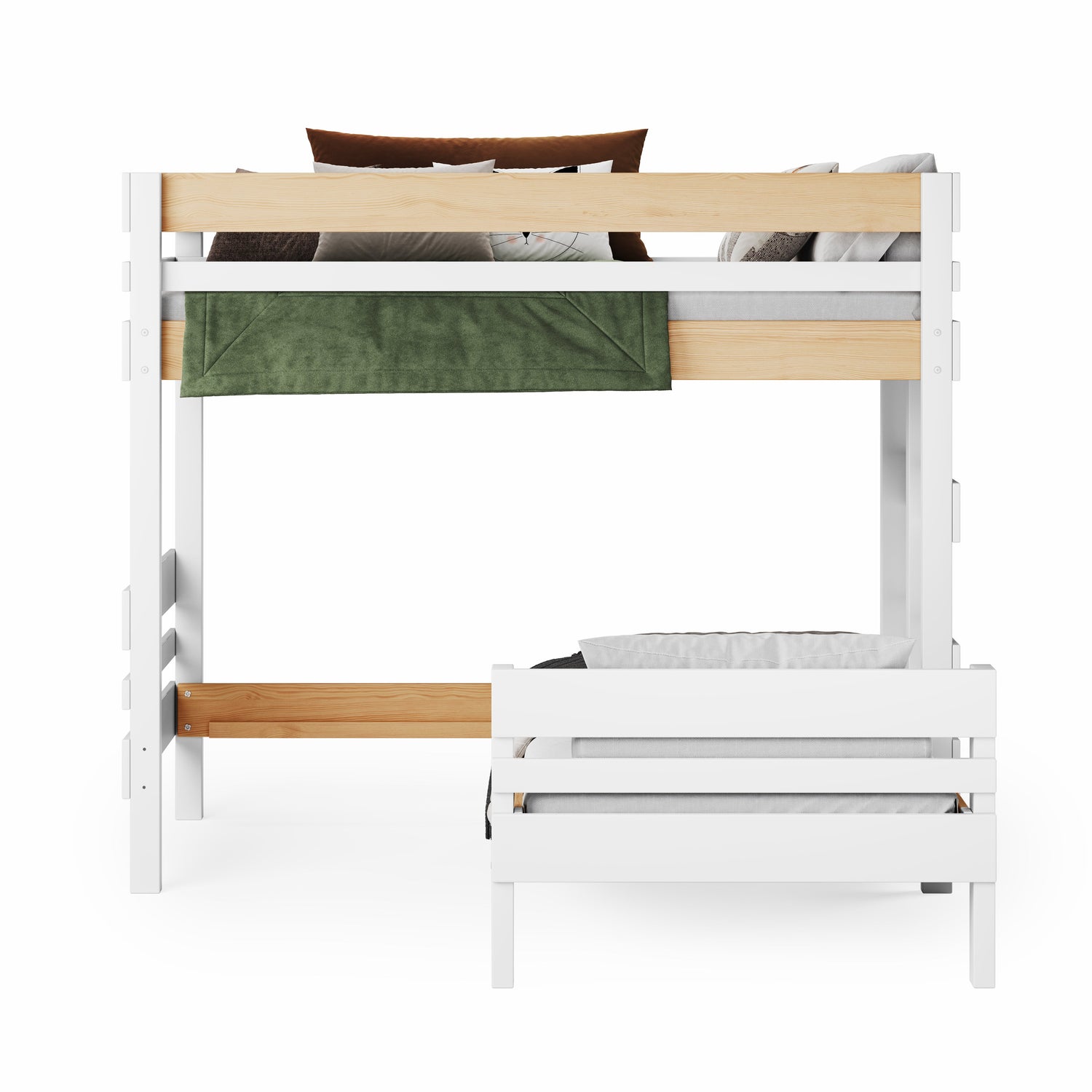 White mid-line bunk bed with natural wood accent and lower pull-out single bed.