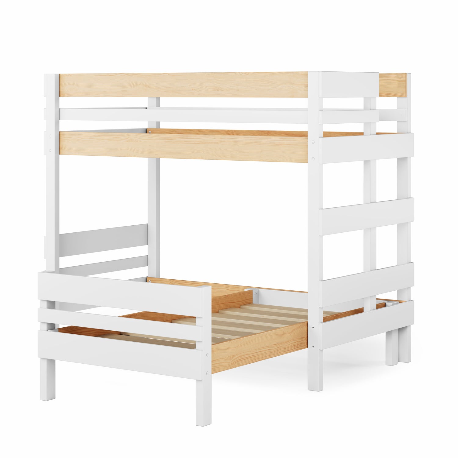 White wooden mid-line corner bunk bed with safety rails and slatted lower bed frame. 