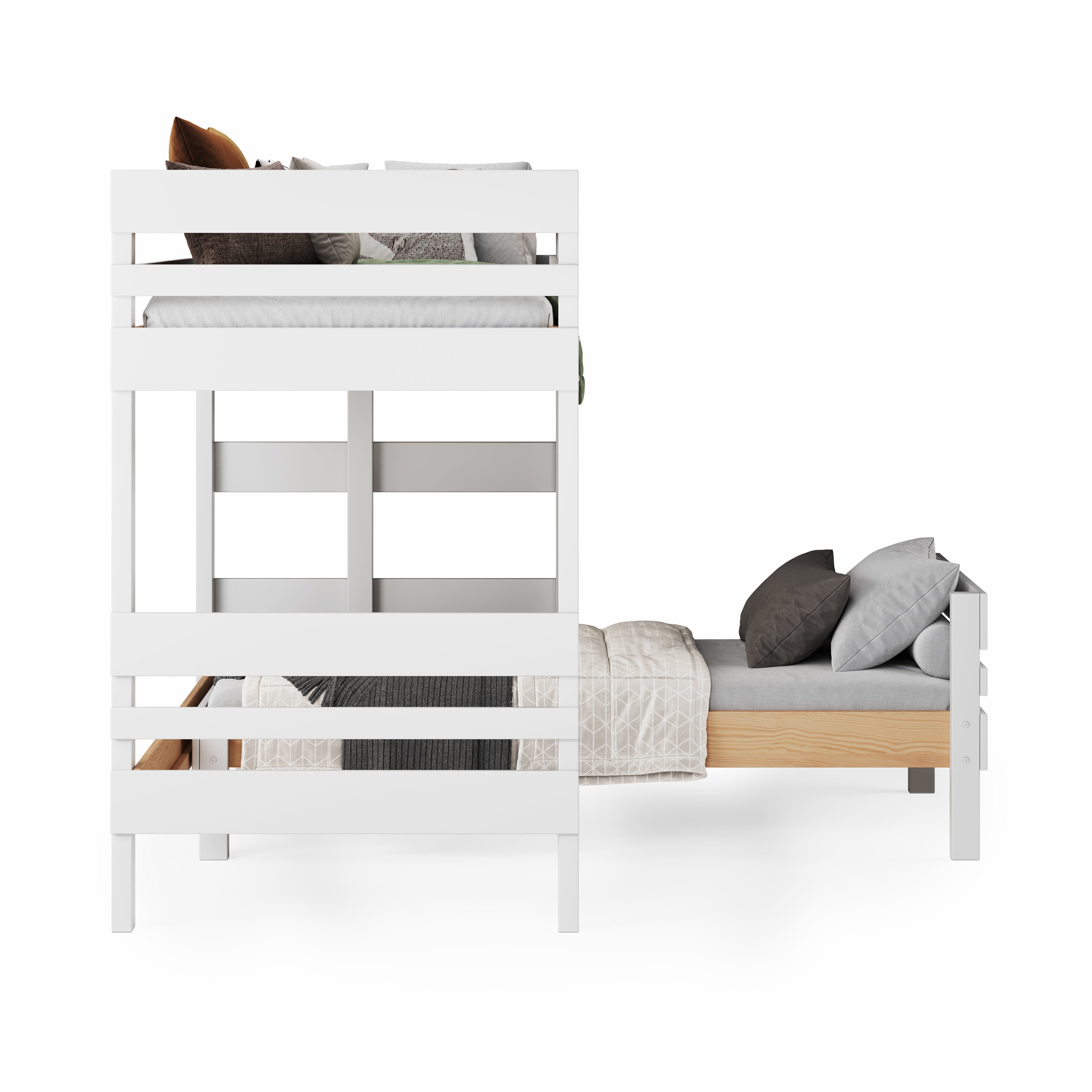 White wooden mid-line corner bunk bed and neutral bedding. 