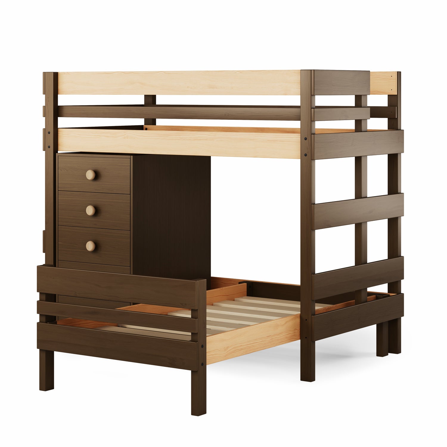 Native elm mid-line corner bunk bed with built-in chest and ladder. 