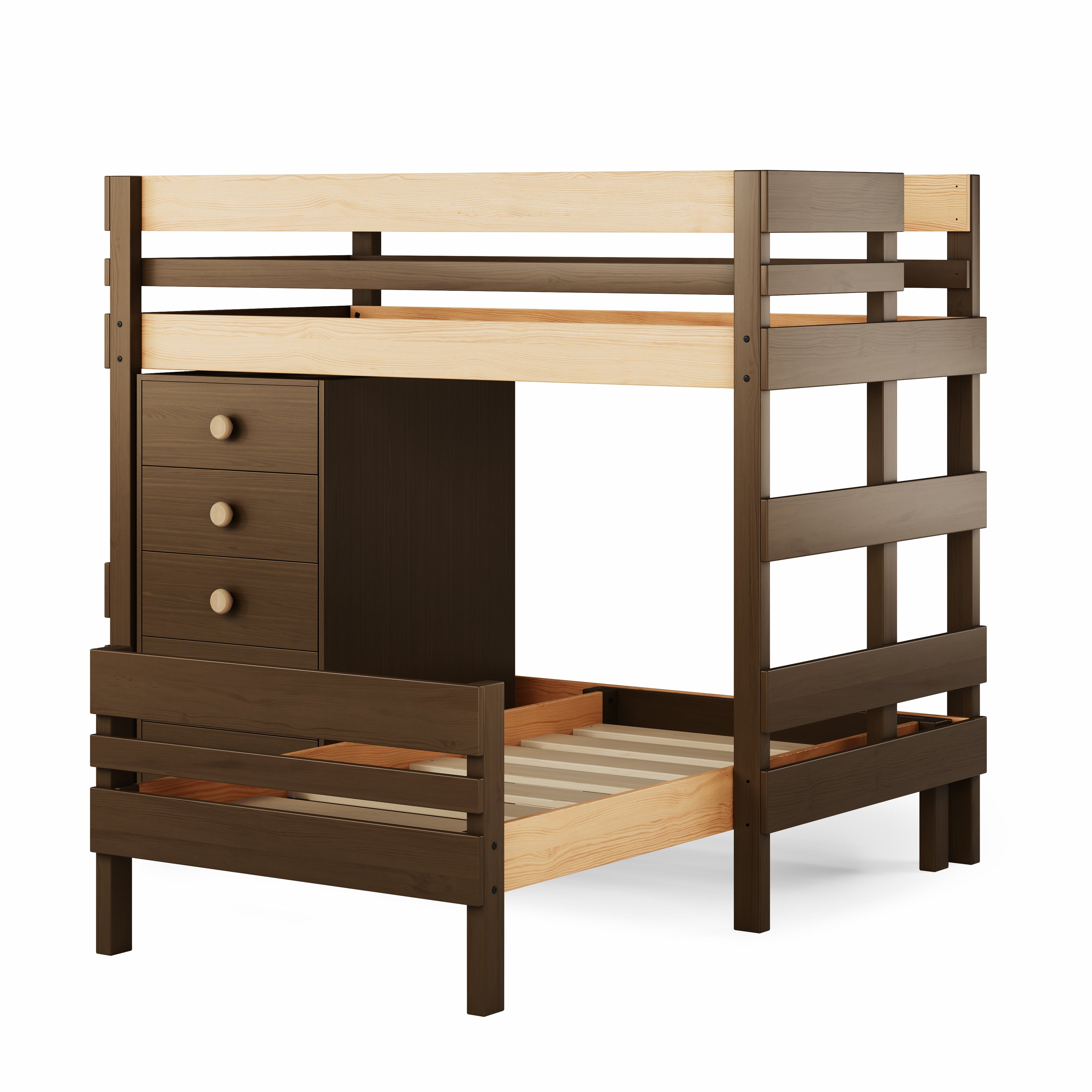 Native elm mid-line corner bunk bed with built-in chest and ladder. 
