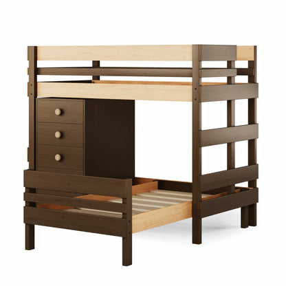Native elm mid-line corner bunk bed with built-in chest and ladder. 