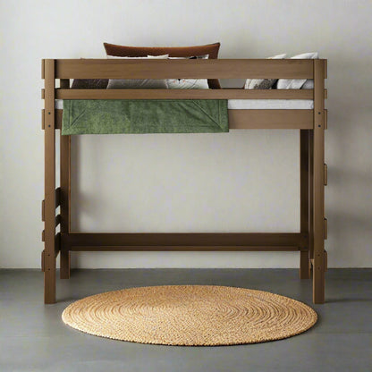 Native Elm mid height high bed with slatted guardrails and ladder, natural wood finish.